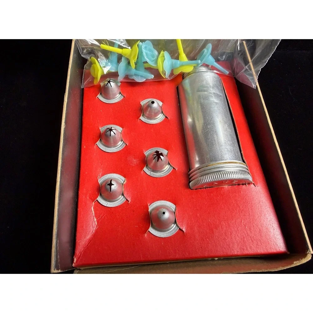 Vintage Aluminum Cake Decorator Set- Icing Syringe, 6 Metal Tips, Original Box